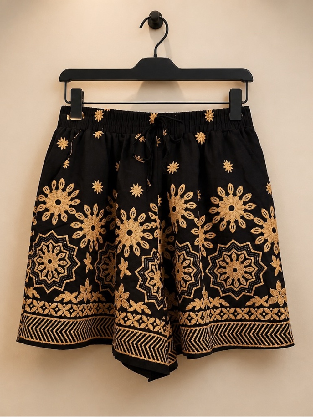 Source Unknown Black Shorts with Gold Floral Embroidery